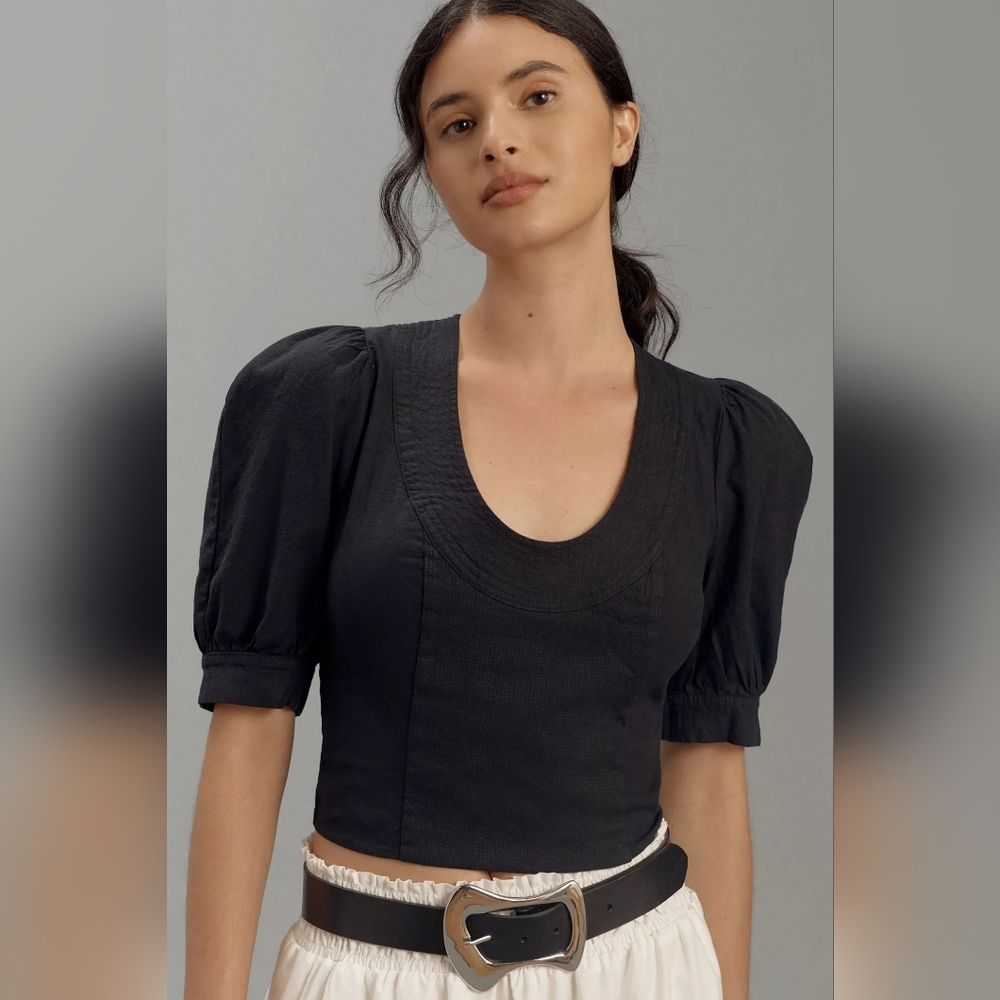 By Anthropologie Women's XL Puff Sleeve Scoop Neck Linen Top